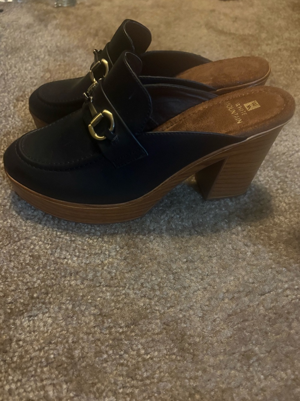 Black Leatherette Mule Heels with Gold Bit Accent